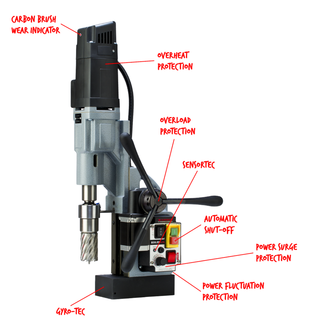Euroboor ECO.55S+/TA Magnetic Drilling Machine industrial magnetic drilling machine with advanced automatic tapping capability, powerful motor, and heavy-duty magnetic base designed for precision steel drilling and threading