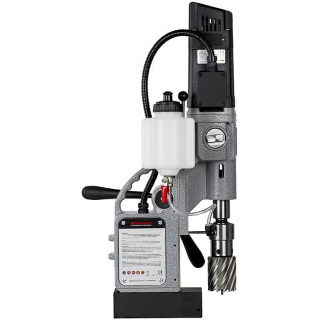 Euroboor ECO.55S+/T Magnetic Drilling Machine angled side profile displaying the motor housing, spindle assembly, and stable magnetic base used in structural steel fabrication