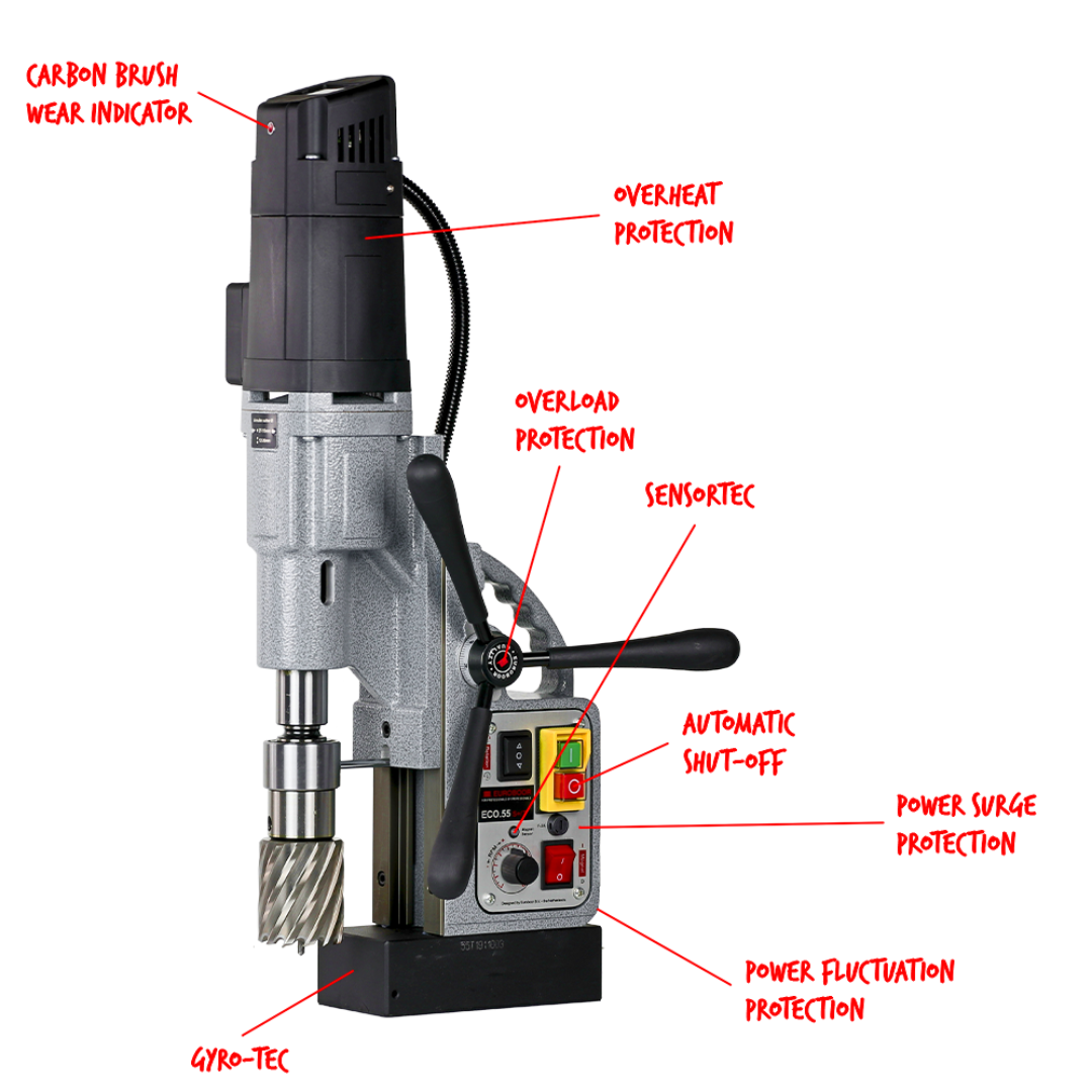 Euroboor ECO.55S+/T Magnetic Drilling Machine detailed machine overview showing integrated control panel, feed handle system, and advanced electronics for safe drilling and tapping operations