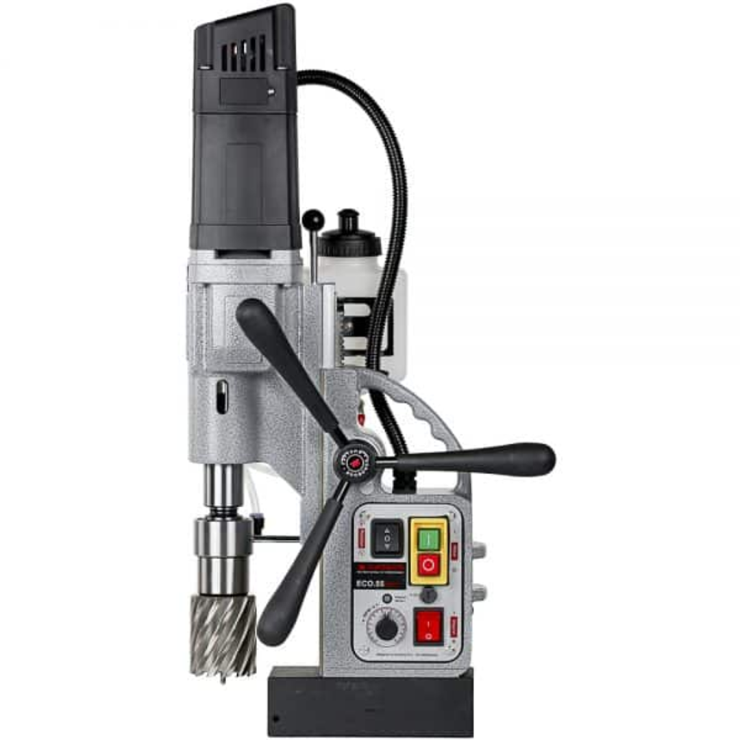 Euroboor ECO.55S+/T Magnetic Drilling Machine front view highlighting the control panel, feed handles, and magnetic base designed for heavy-duty industrial drilling environments