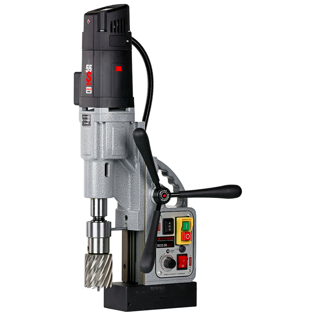 Euroboor ECO.55S+/T Magnetic Drilling Machine heavy-duty magnetic drilling machine with powerful motor, feed handles, and industrial magnetic base designed for precision steel drilling and tapping