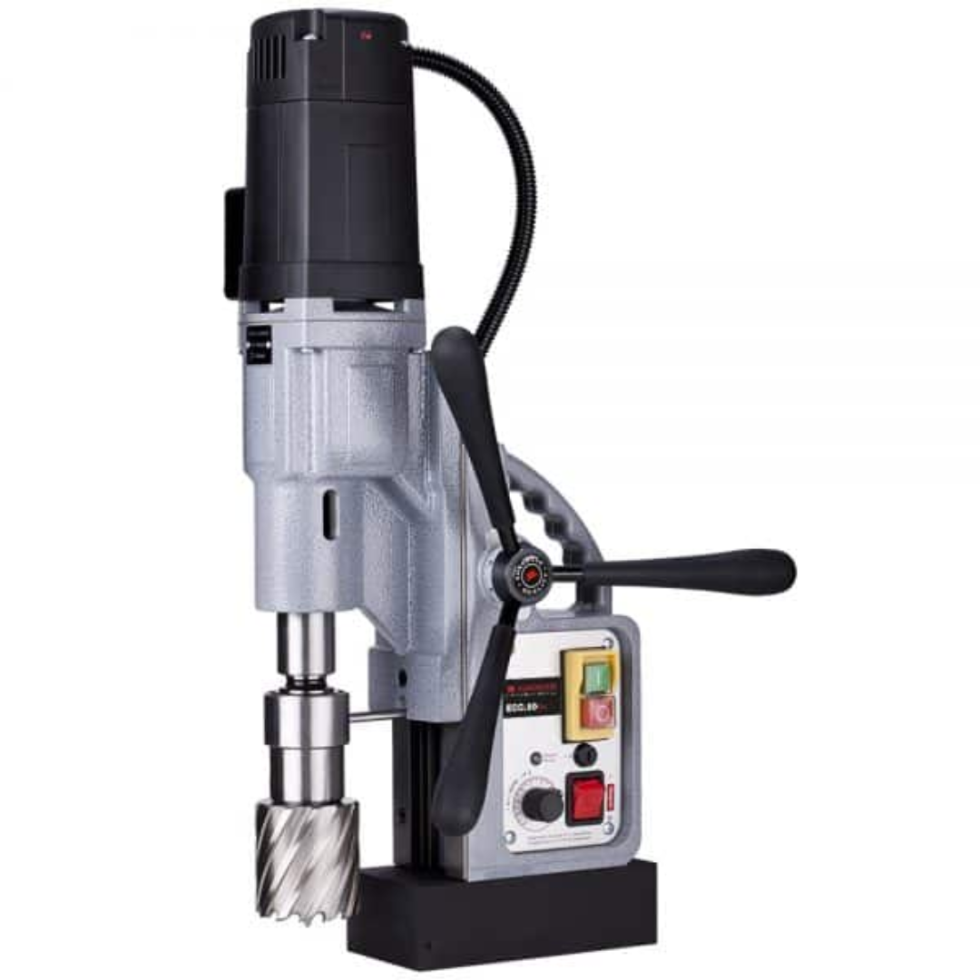 Euroboor ECO.60S+ Magnetic Drilling Machine positioned for vertical drilling with stable magnetic base attachment.