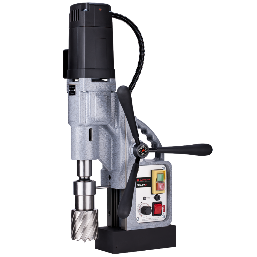 Euroboor ECO.60S+ Magnetic Drilling Machine with powerful motor, magnetic base, and annular cutter mounted for heavy-duty metal drilling