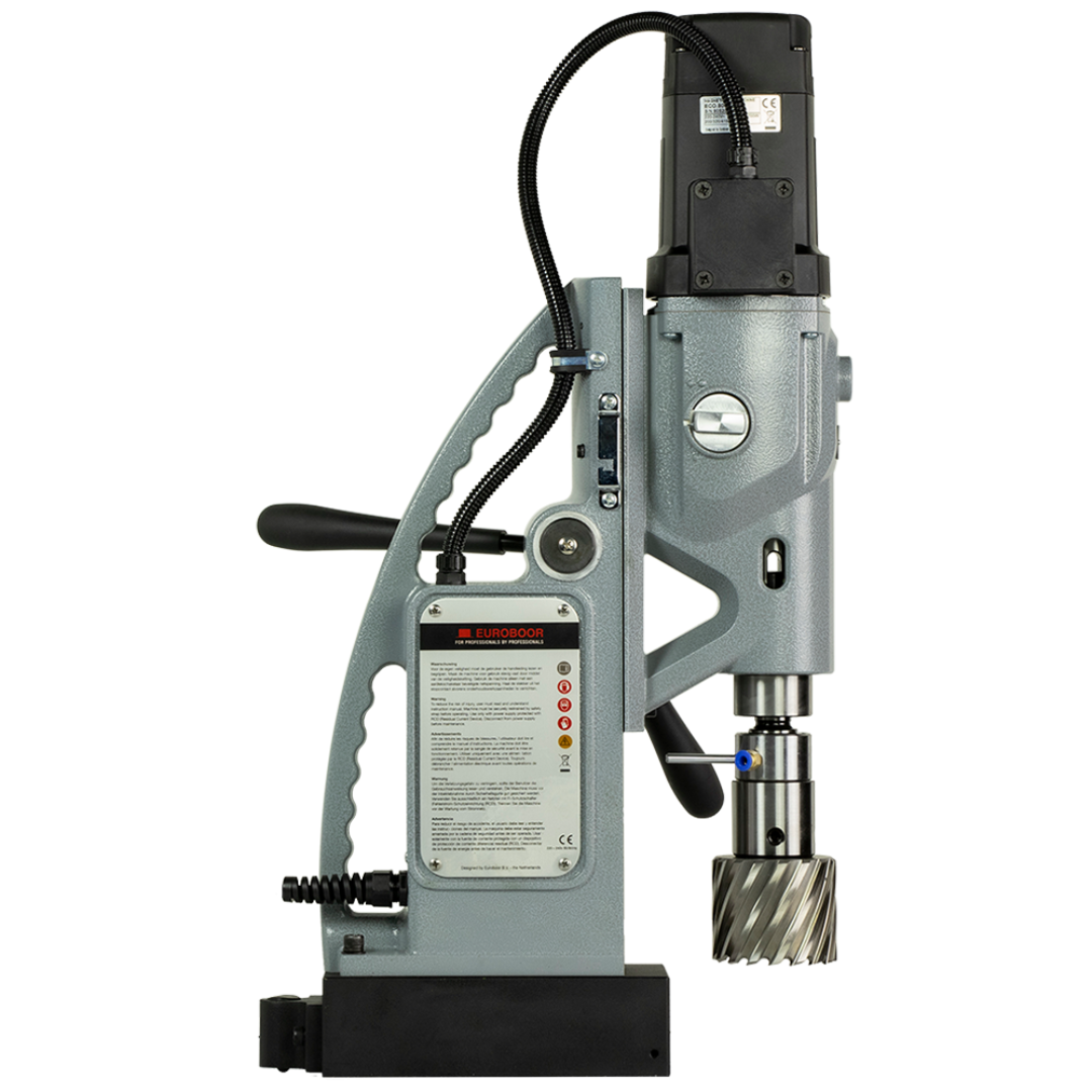 Euroboor ECO.80S+ Magnetic Drilling Machine angled side view displaying control panel and safety features

Euroboor ECO.80S+ Magnetic Drilling Machine rear perspective showing motor assembly and magnetic base stability
