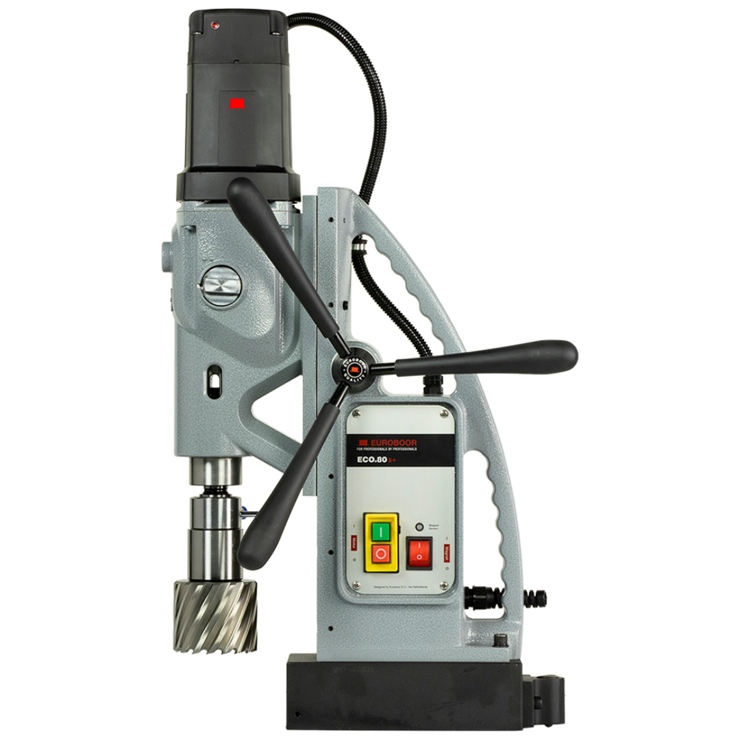 Euroboor ECO.80S+ Magnetic Drilling Machine operational view with feed handles and drilling spindle