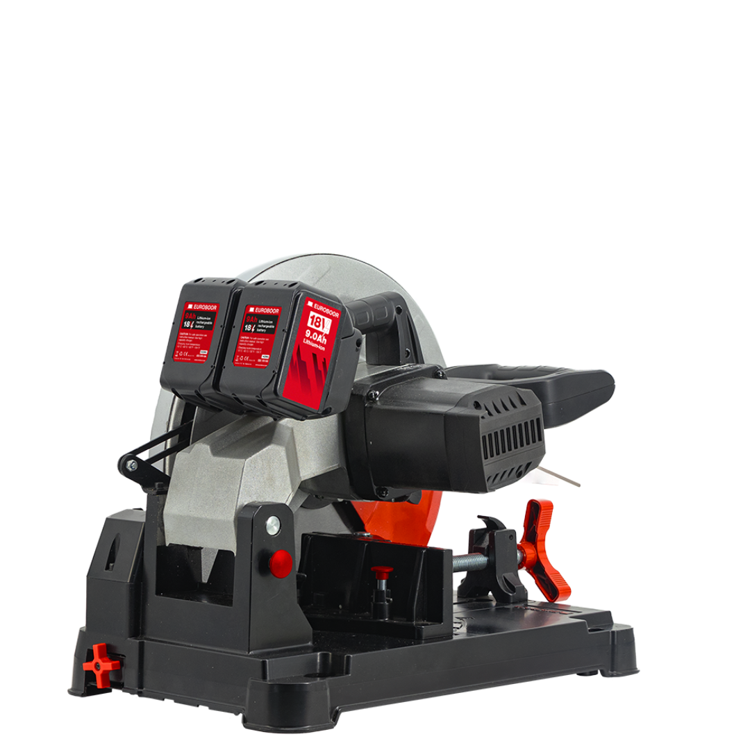 Euroboor EDC.355/36V Cordless Dry Cut Metal Saw angled view displaying the motor housing, cutting arm, and integrated clamping system for accurate metal cutting