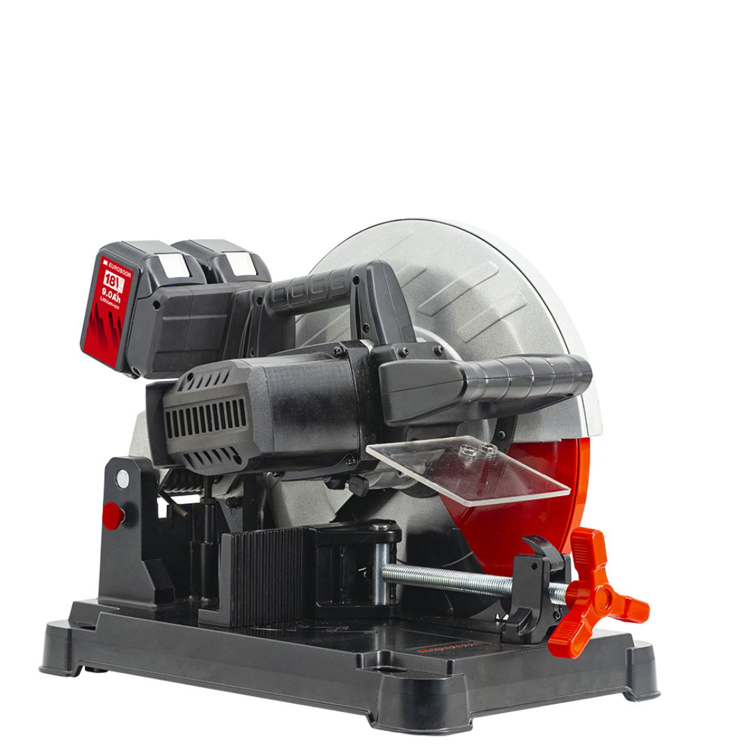 Euroboor EDC.355/36V Cordless Dry Cut Metal Saw blade guard rear view demonstrating the protective housing and robust saw construction