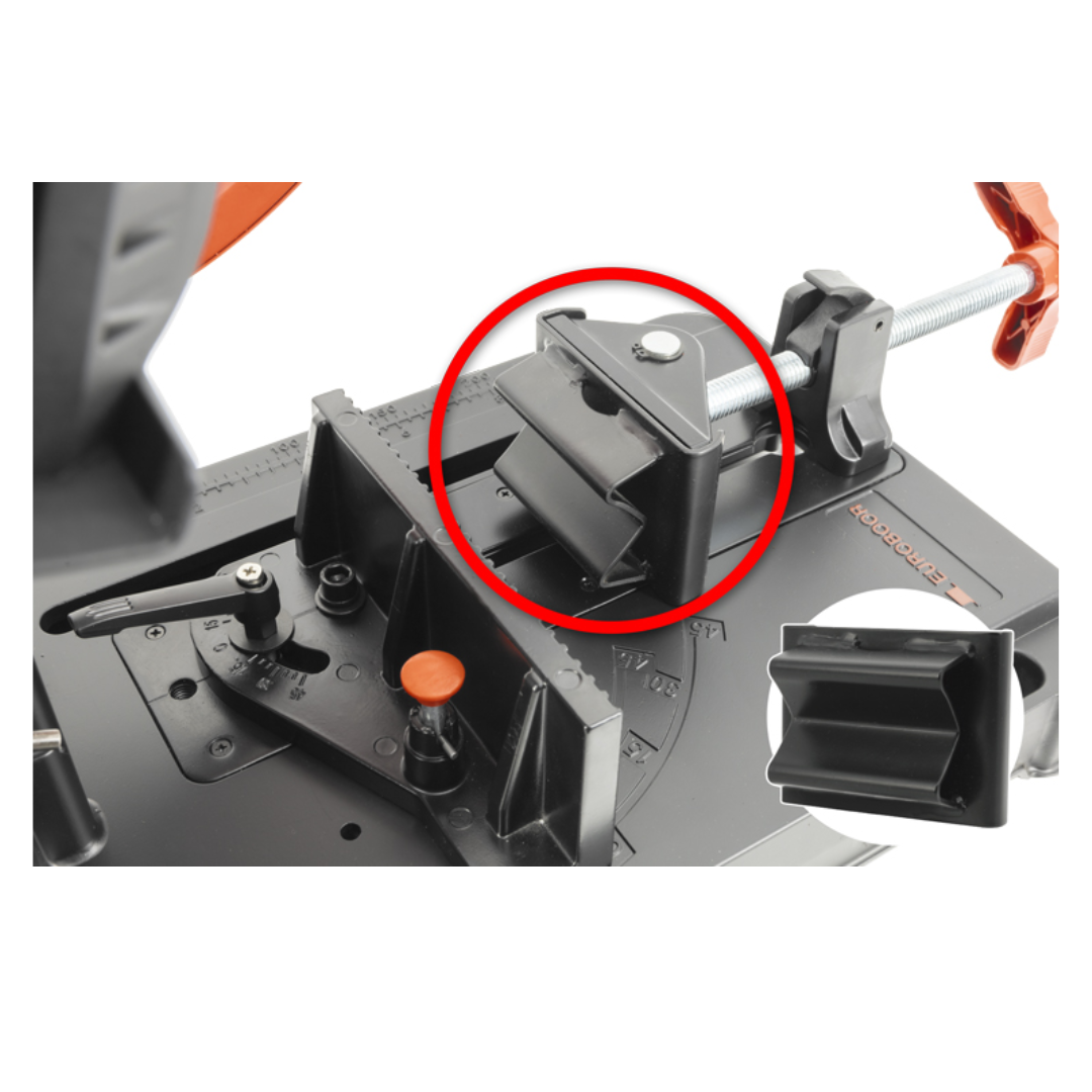 Euroboor EDC.355/36V Cordless Dry Cut Metal Saw close-up of the blade guard and cutting area highlighting the carbide-tipped blade and safety guard system