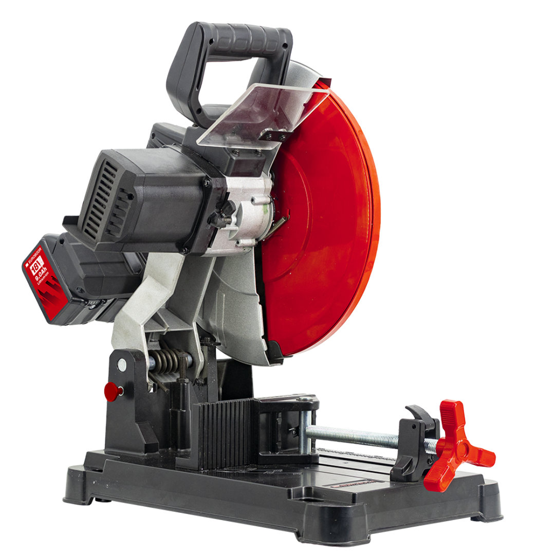 Euroboor EDC.355/36V Cordless Dry Cut Metal Saw cordless metal cutting machine shown with battery packs illustrating the portable battery-powered system