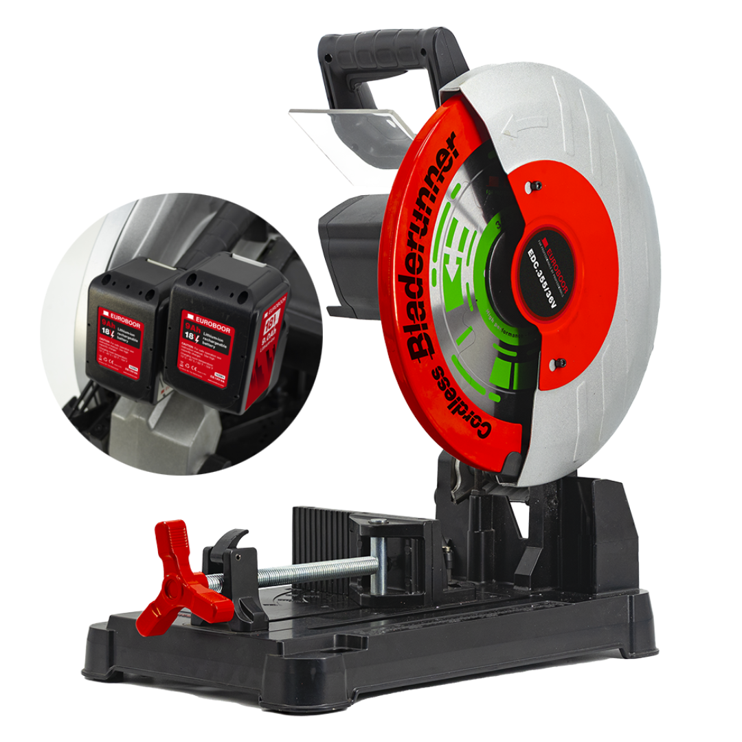 Euroboor EDC.355/36V Cordless Dry Cut Metal Saw cordless metal cutting saw with large carbide blade, base clamp, and dual battery system designed for precise dry cutting of metal profiles and pipes