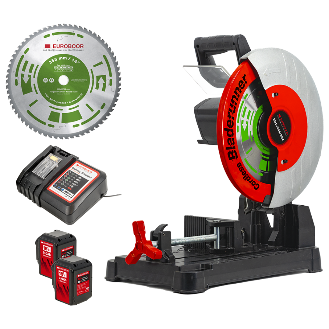 Euroboor EDC.355/36V Cordless Dry Cut Metal Saw package configuration showing the cordless metal saw with batteries and accessories for portable jobsite cutting