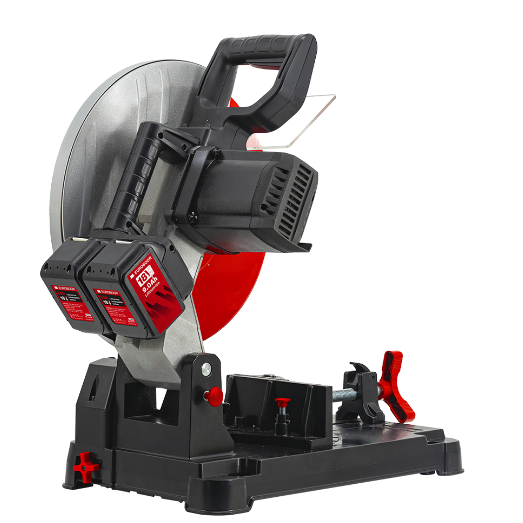 Euroboor EDC.355/36V Cordless Dry Cut Metal Saw rear perspective highlighting the battery compartment and powerful cordless motor assembly