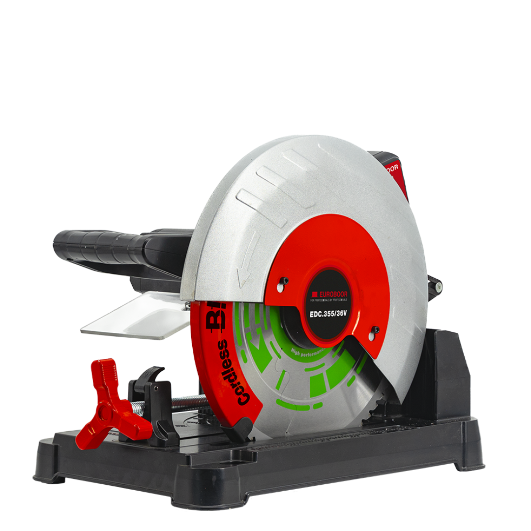 Euroboor EDC.355/36V Cordless Dry Cut Metal Saw side view showing the cordless metal chop saw with heavy-duty base, adjustable clamp, and ergonomic handle