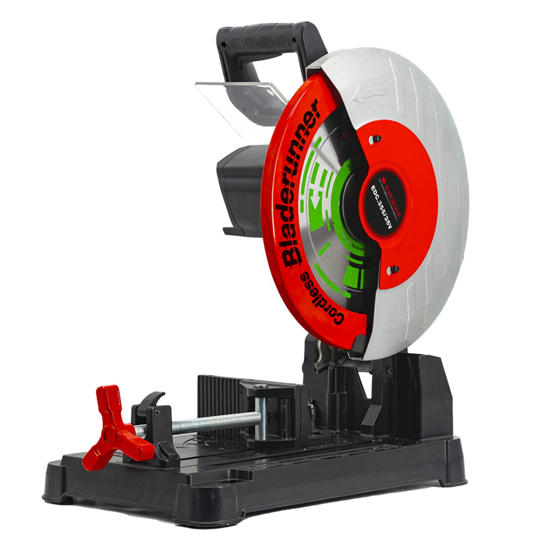 Euroboor EDC.355/36V Cordless Dry Cut Metal Saw upright position showing the full blade guard and cutting capacity for structural metal cutting applications