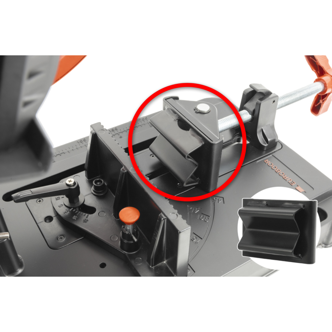 Euroboor EDC.355 Dry Cut Saw close-up of the cutting area highlighting the carbide blade, chip guard, and precision cutting mechanism