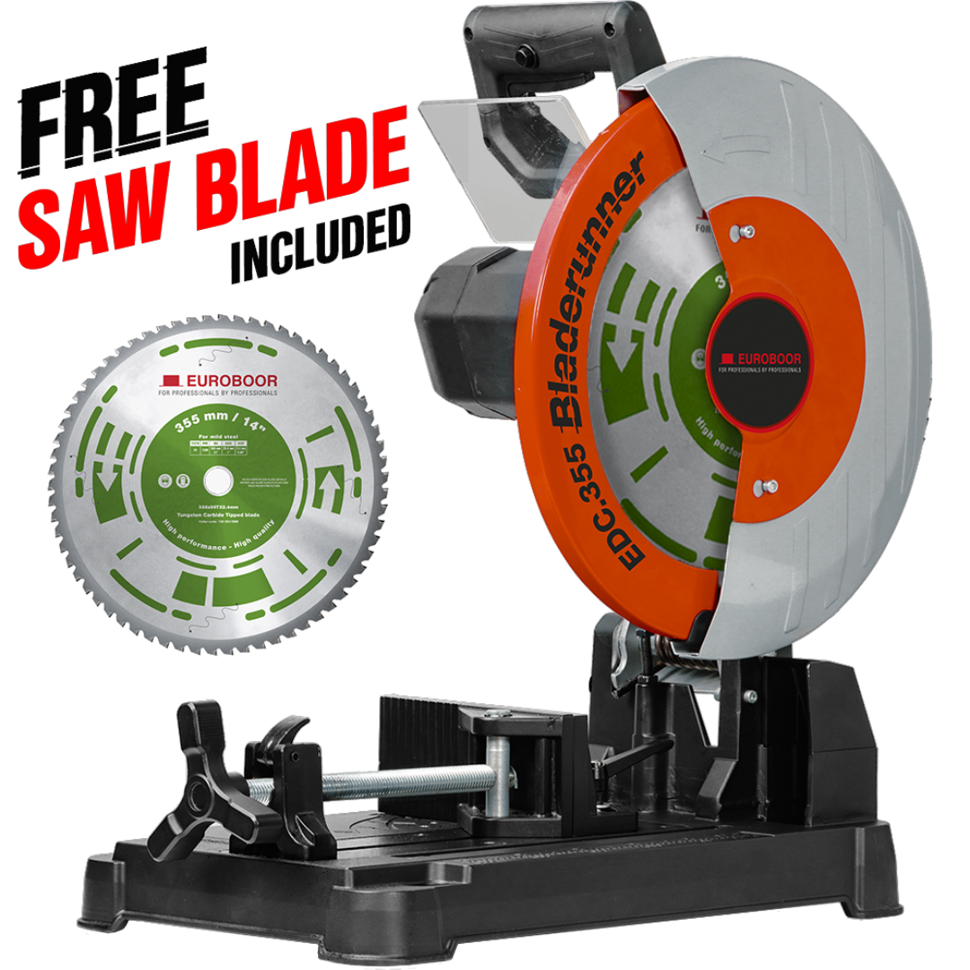 Euroboor EDC.355 Dry Cut Saw metal cutting chop saw with 355 mm carbide blade and free saw blade included, designed for precise dry cutting of steel pipes and metal profiles