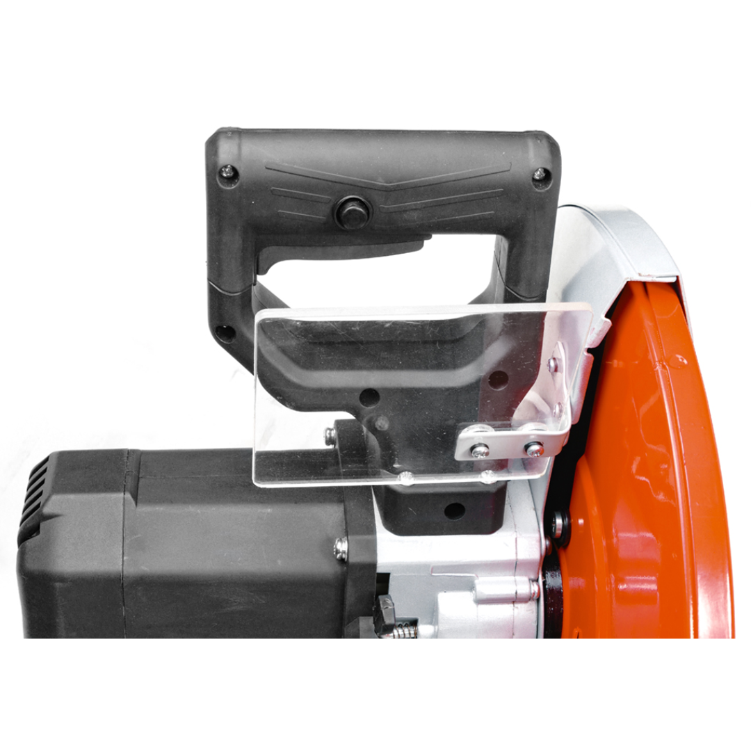 Euroboor EDC.355 Dry Cut Saw rear perspective showing the ergonomic handle and blade guard assembly