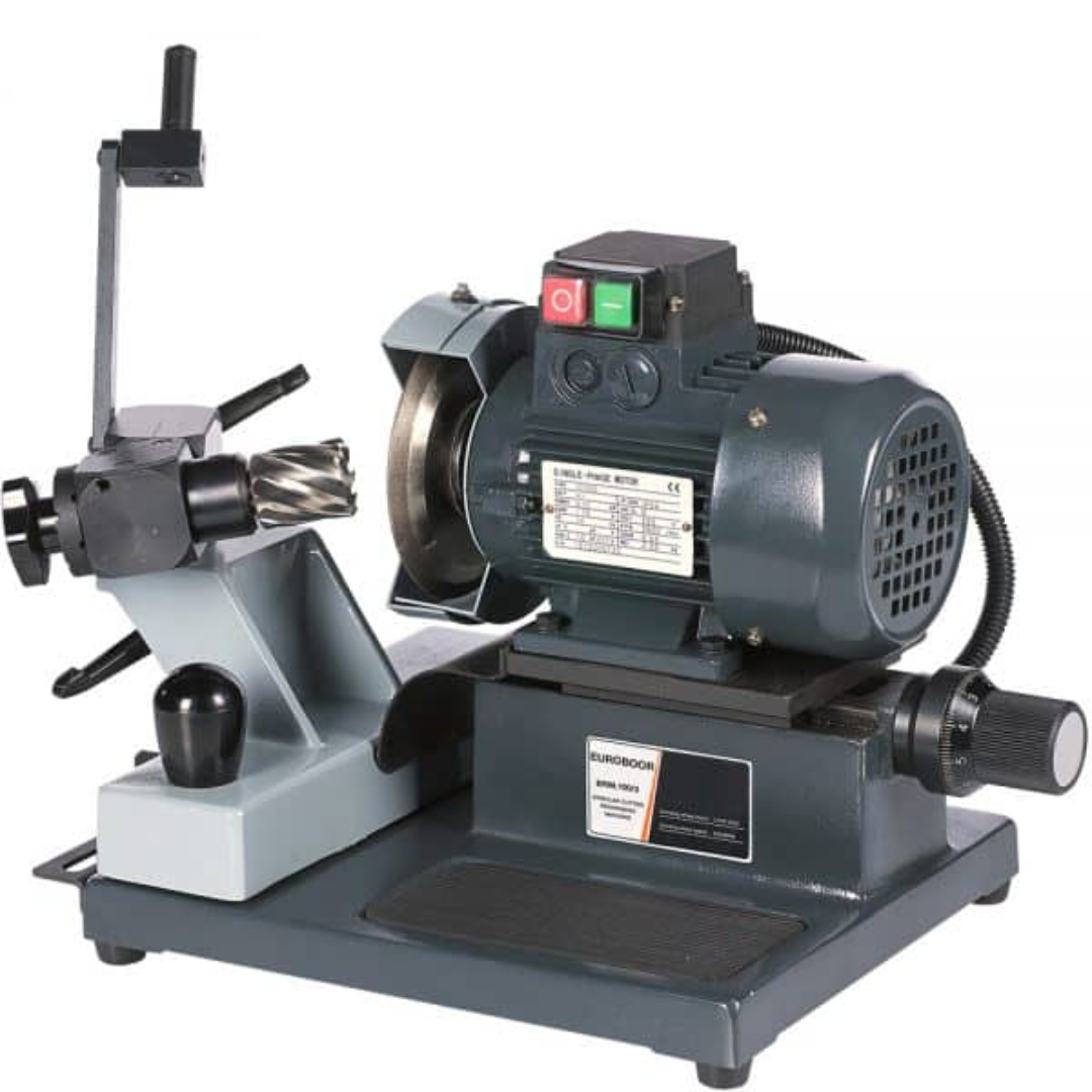 Euroboor ERM.100/3 Resharpening Machine shown with integrated motor and precision grinding system for restoring annular cutter cutting edges