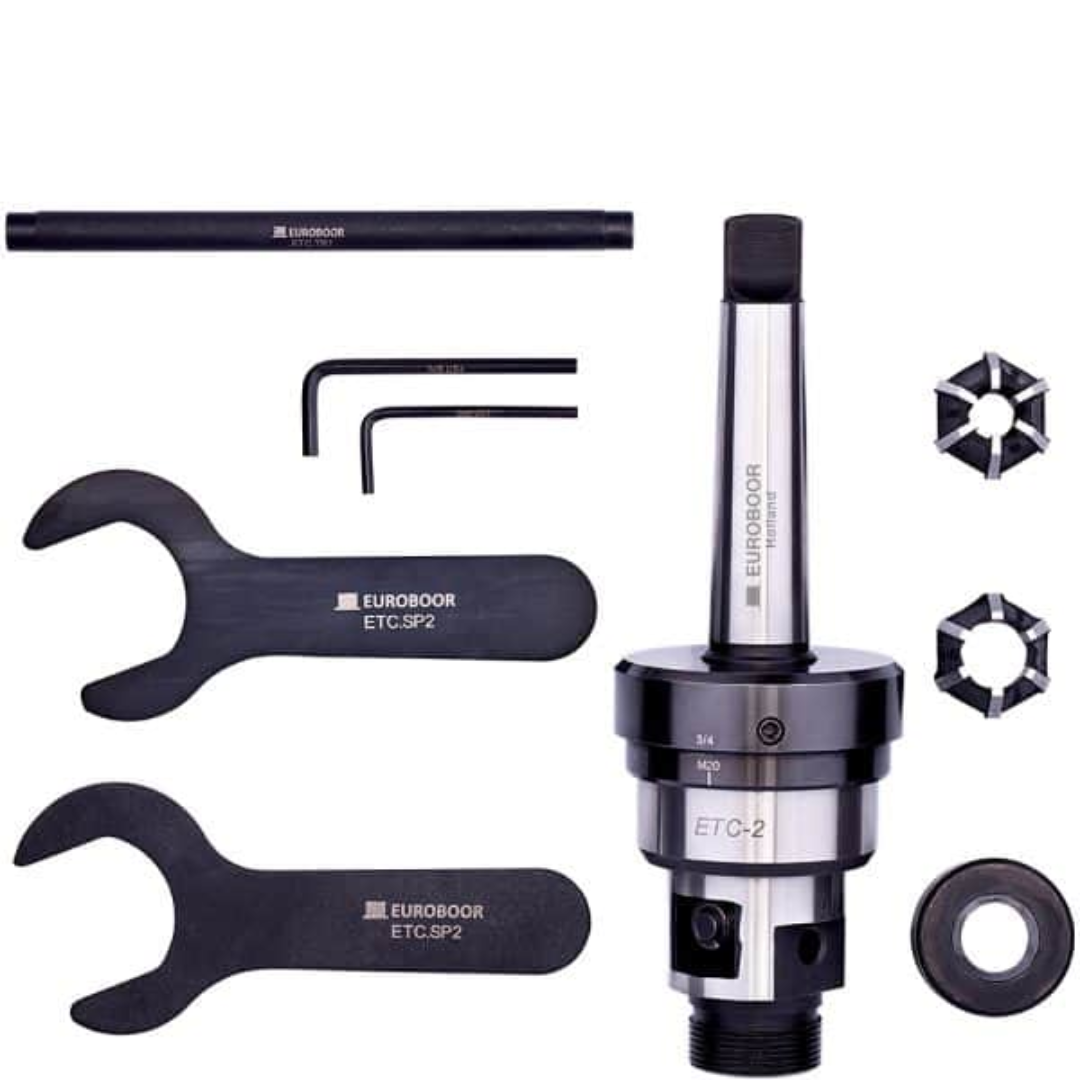 Euroboor ETC.2 Tapping Chuck complete kit including tapping chuck, torque arms, hex keys, and adjustment tools for precision threading applications
