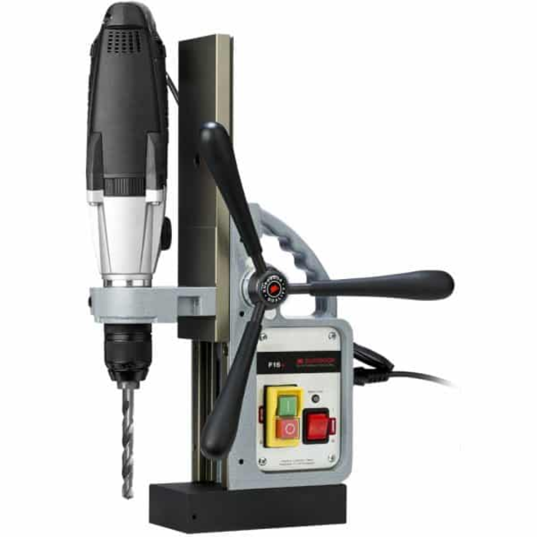 Euroboor F16+ Magnetic Drill Stand close-up of mounted drill configuration demonstrating vertical drilling capability with magnetic base stability.