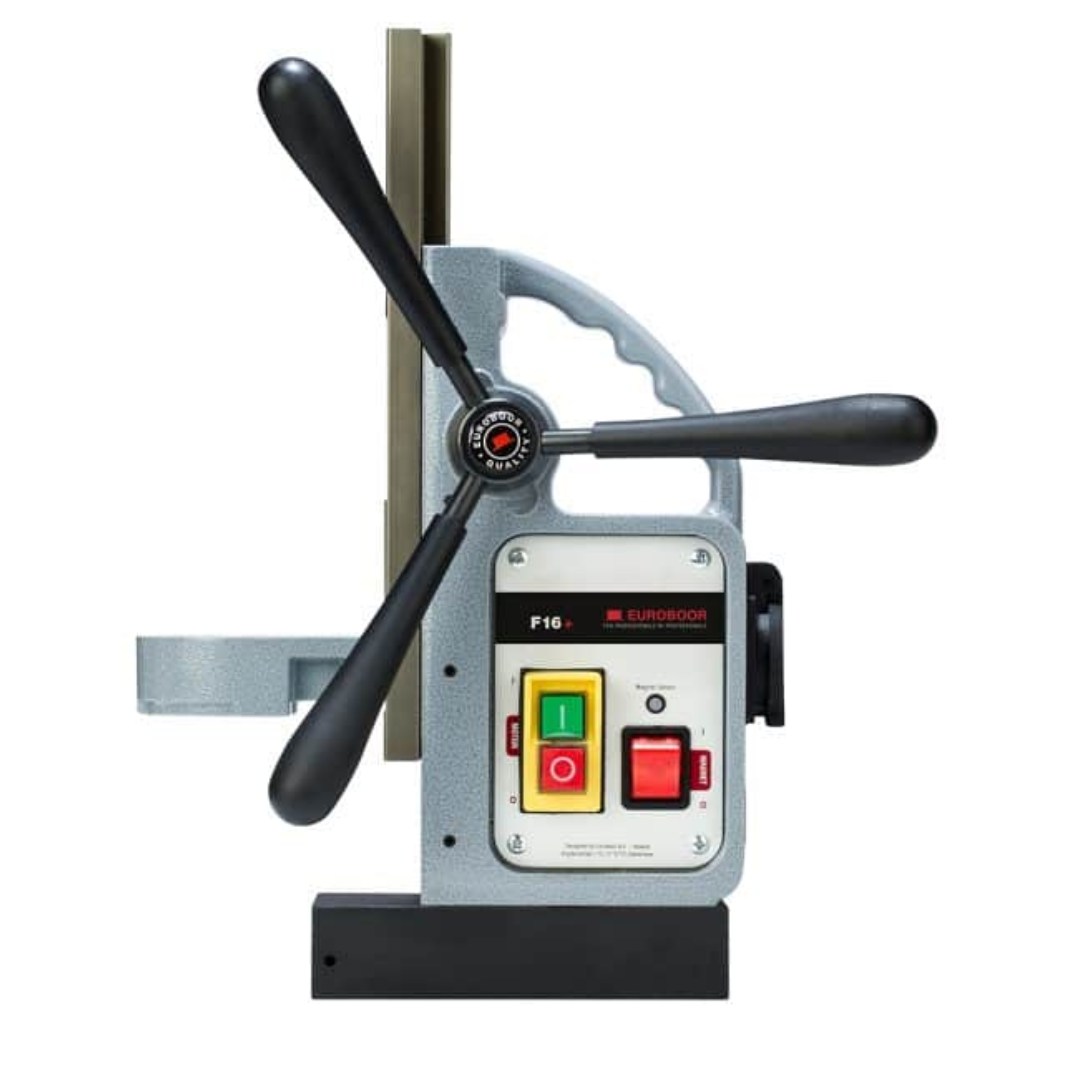 Euroboor F16+ Magnetic Drill Stand front view highlighting magnetic base platform and motor mounting bracket for accurate drilling alignment.