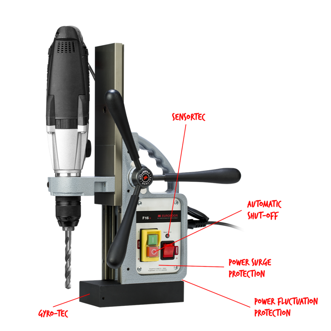 Euroboor F16+ Magnetic Drill Stand heavy-duty magnetic drilling stand with integrated control panel and adjustable lever feed for precision metal drilling applications.