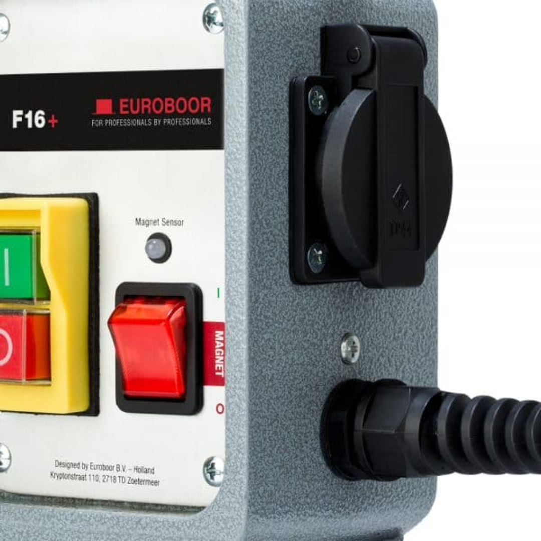 Euroboor F16+ Magnetic Drill Stand integrated control unit with power switch and safety controls for reliable magnetic drilling operation.