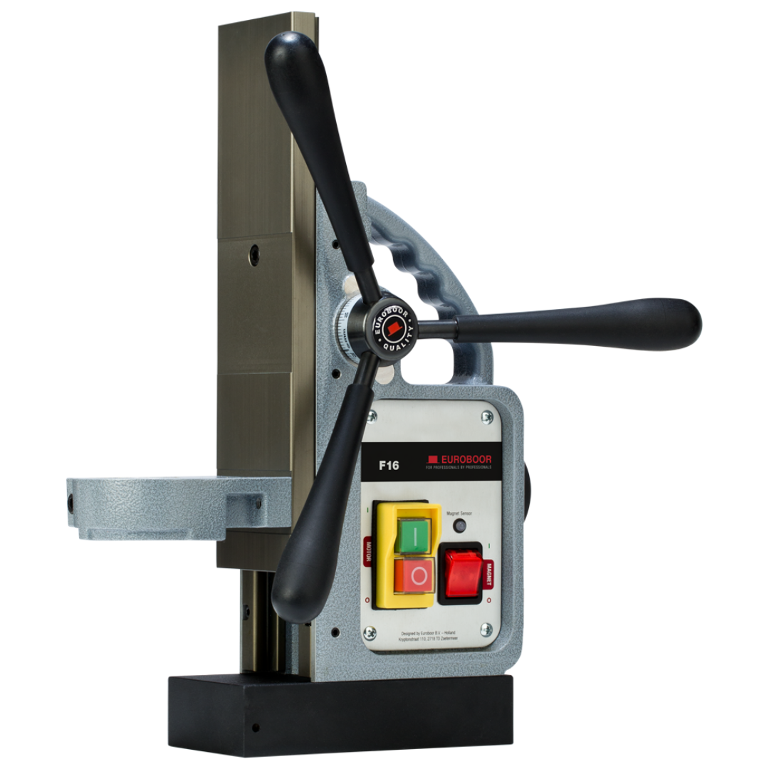 Euroboor F16+ Magnetic Drill Stand side view showing reinforced column structure, ergonomic feed handle, and stable magnetic base for secure positioning.