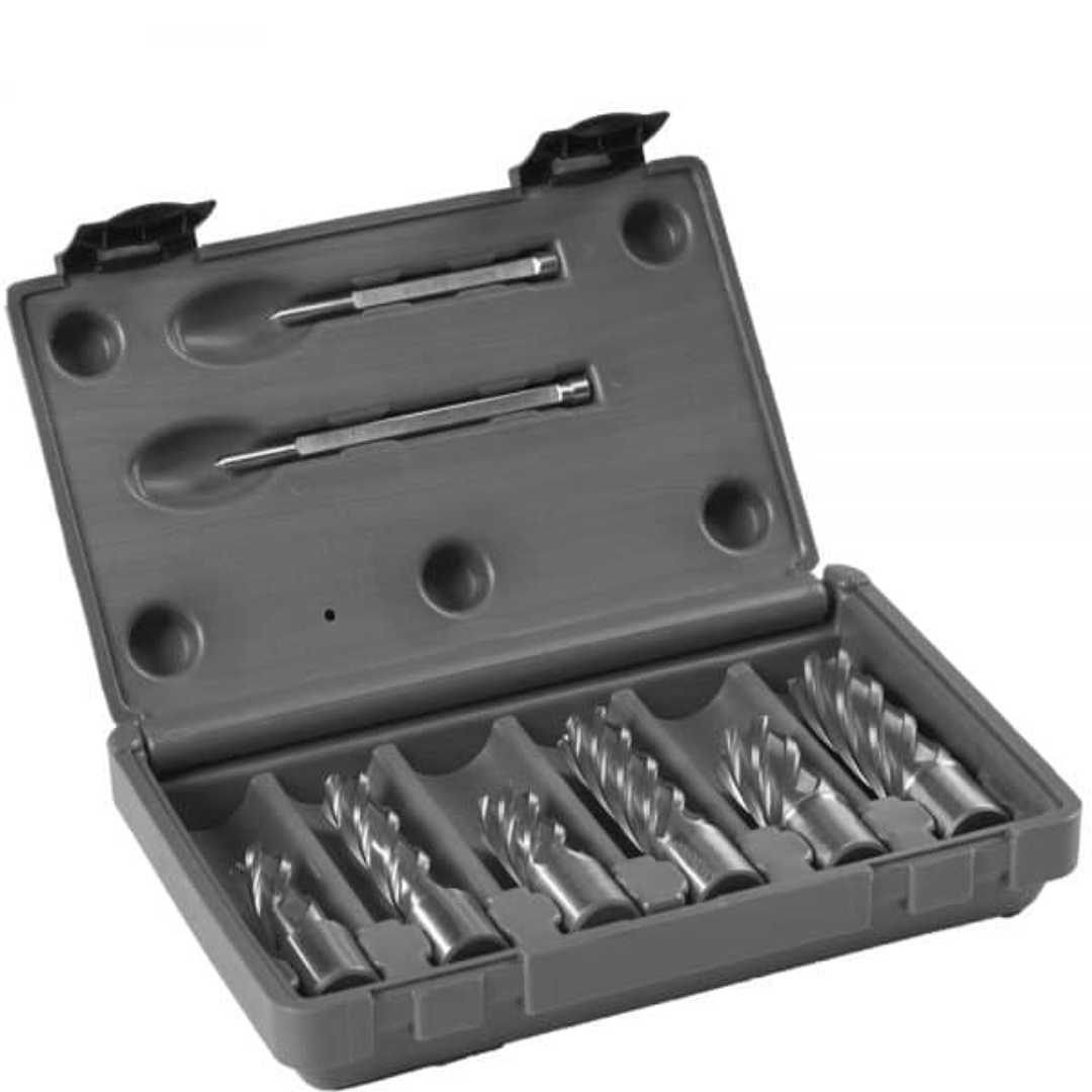 Euroboor HCS.KIT/9 Cutter Kit showing multiple HSS annular cutters organized inside a protective storage case for magnetic drilling tools