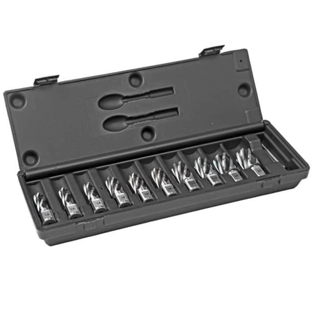 Euroboor HSS.KIT/10L-I1 cutter kit with high speed steel annular cutters and pilot pins organized inside a durable plastic storage case for metal drilling
