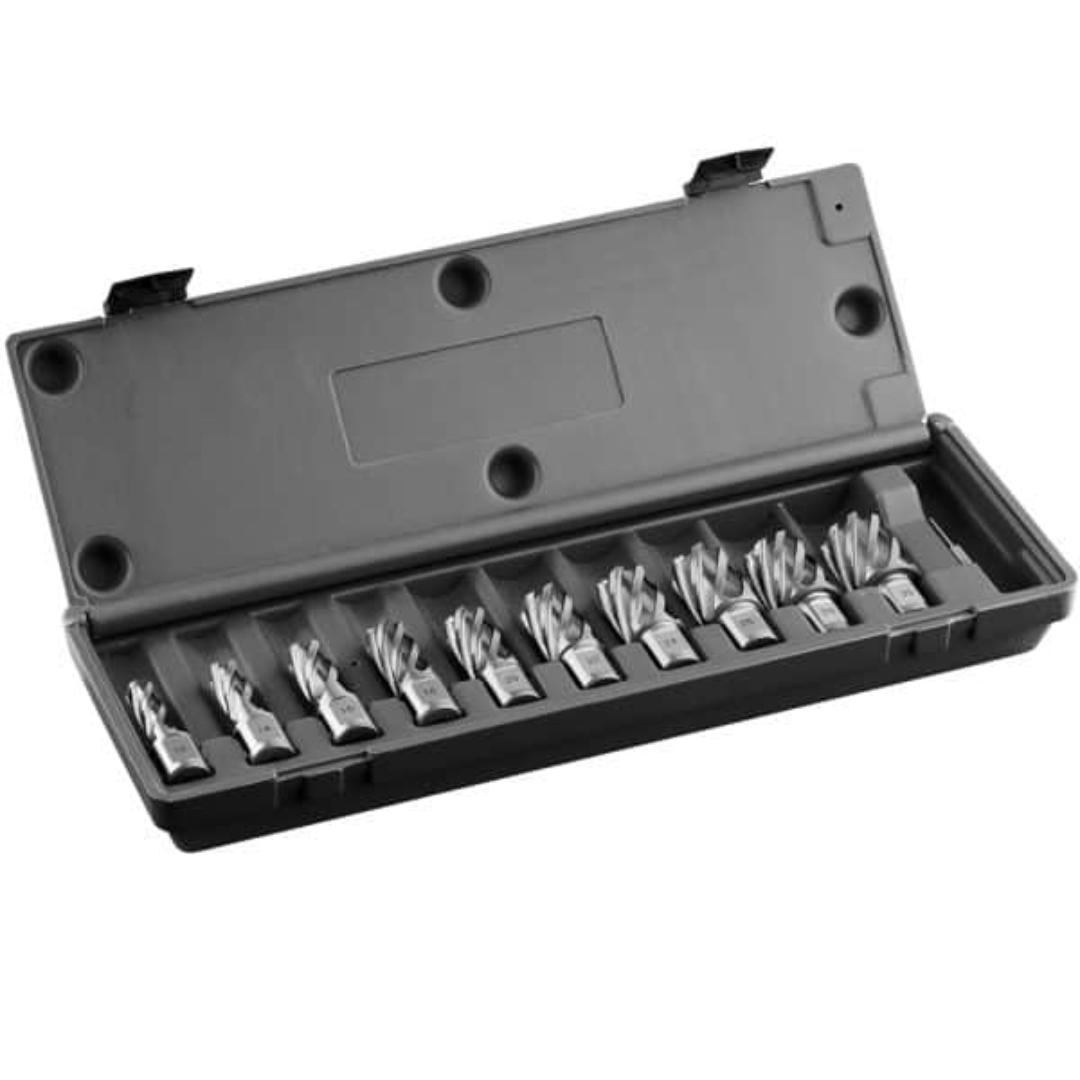 Euroboor HSS.KIT/10S-I2 cutter kit with high speed steel annular cutters arranged inside a protective plastic case for metal drilling applications