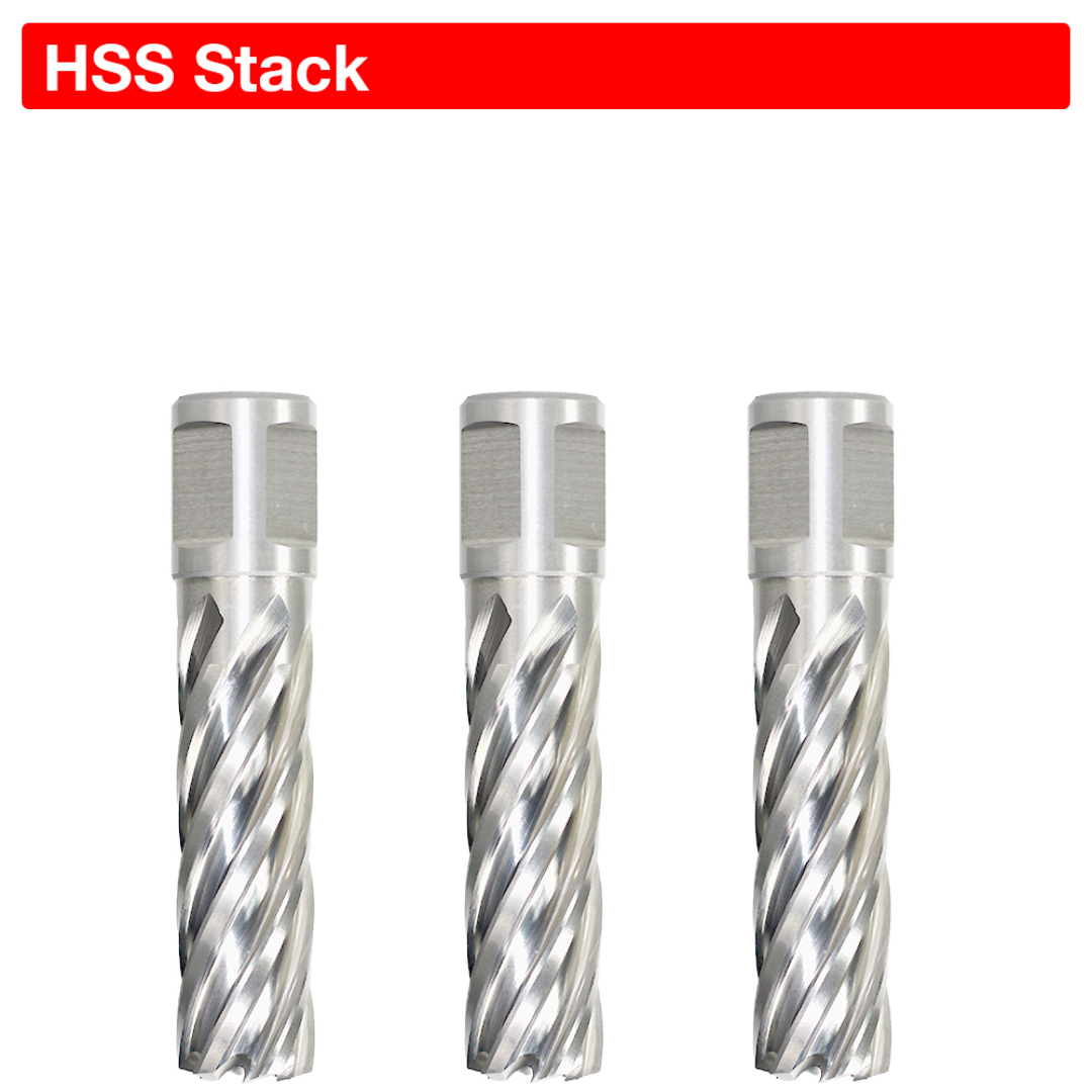 Close-up view of the cutting geometry on a Euroboor HSS STACK 2" Depth Annular Cutter showing precision flutes for stable multi-layer drilling.