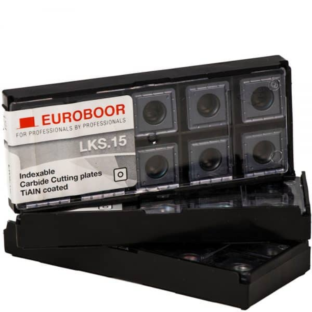 Euroboor LKS.15 Cutting Plate for B60,B60S carbide cutting plate set displayed in original Euroboor packaging showing replacement inserts for B60 and B60S cutting tools