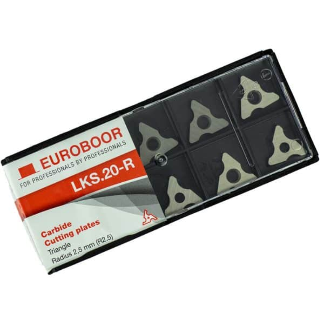 Euroboor LKS.20-R Cutting Plate for B45,B45S carbide cutting plates displayed in original Euroboor packaging showing replacement inserts designed for Euroboor B45 and B45S beveling machines
