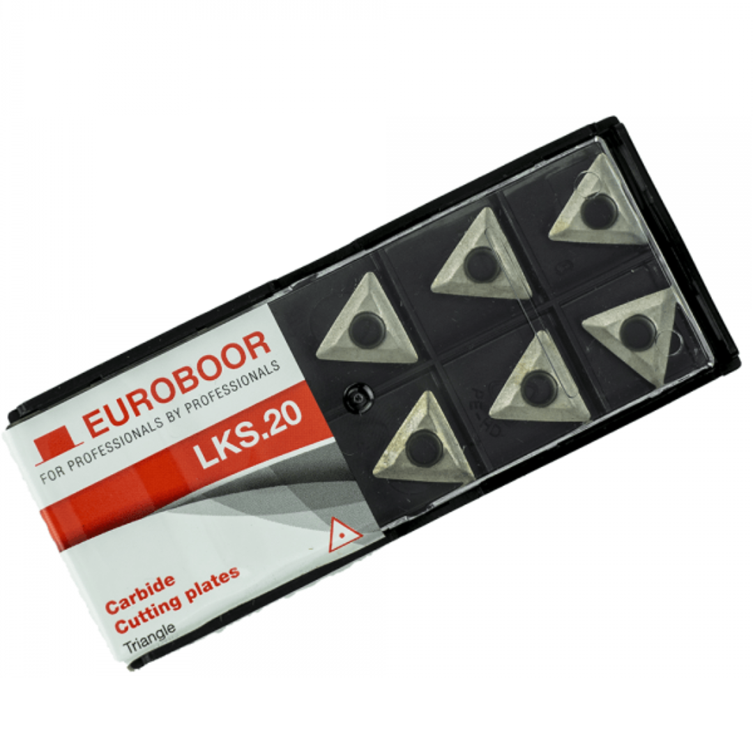 Euroboor LKS.20 Cutting Plate for B45,B45S carbide cutting plates displayed in original Euroboor packaging showing replacement inserts designed for Euroboor B45 and B45S beveling machines