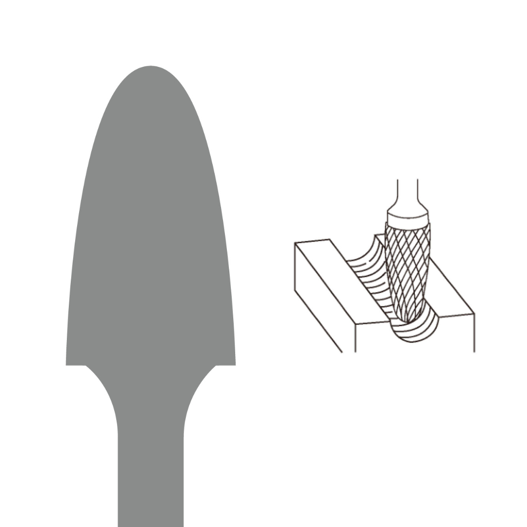 Euroboor SF Carbide Burr technical profile illustration demonstrating tree pointed burr geometry