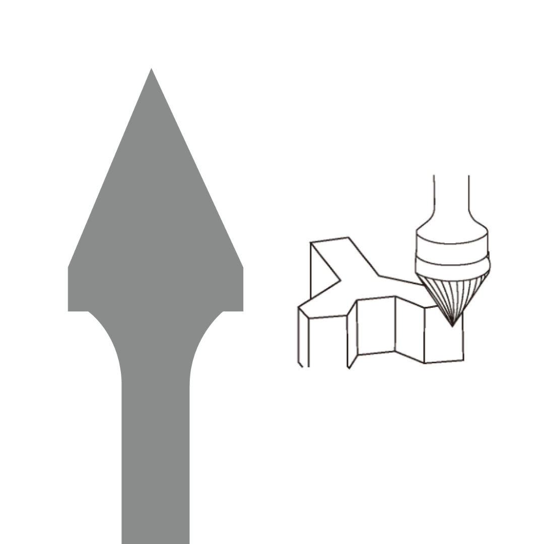 Euroboor SJ-5DC Carbide Burr technical profile illustrating pointed cone burr geometry for chamfering