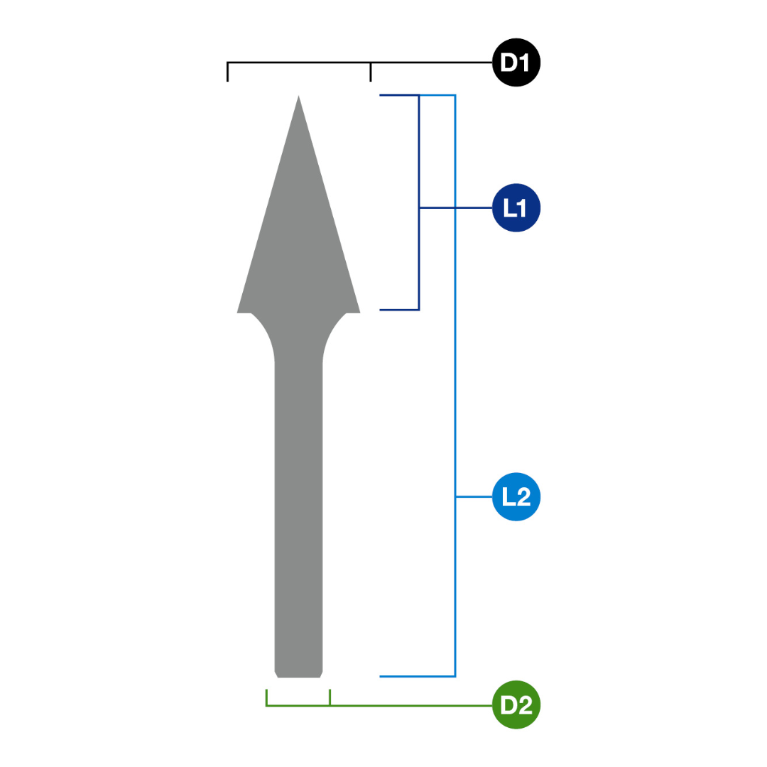 Euroboor SM Carbide Burr dimensional diagram showing pointed cone shape with technical measurements for accurate metalworking applications