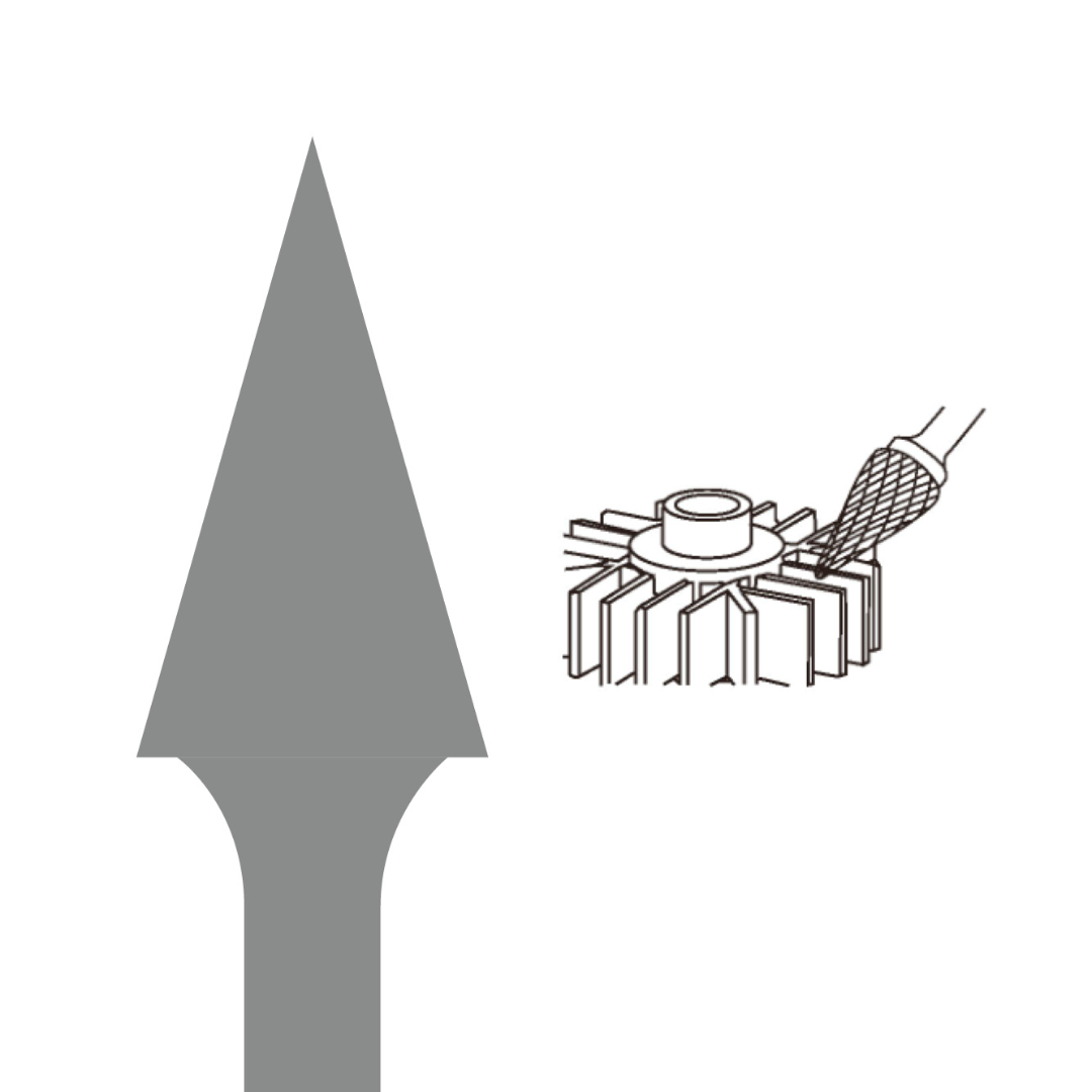 Euroboor SM Carbide Burr pointed cone profile illustration designed for precision material removal, engraving, and deburring in metal fabrication