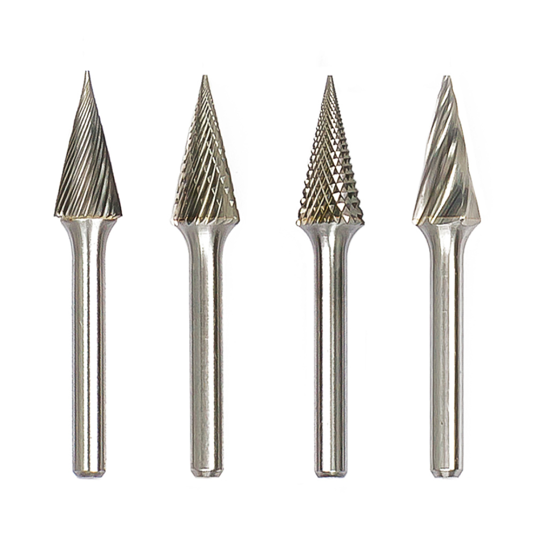 Euroboor SM Carbide Burr set featuring four cone-shaped solid carbide rotary burrs with different cutting geometries for precision metal grinding and deburring