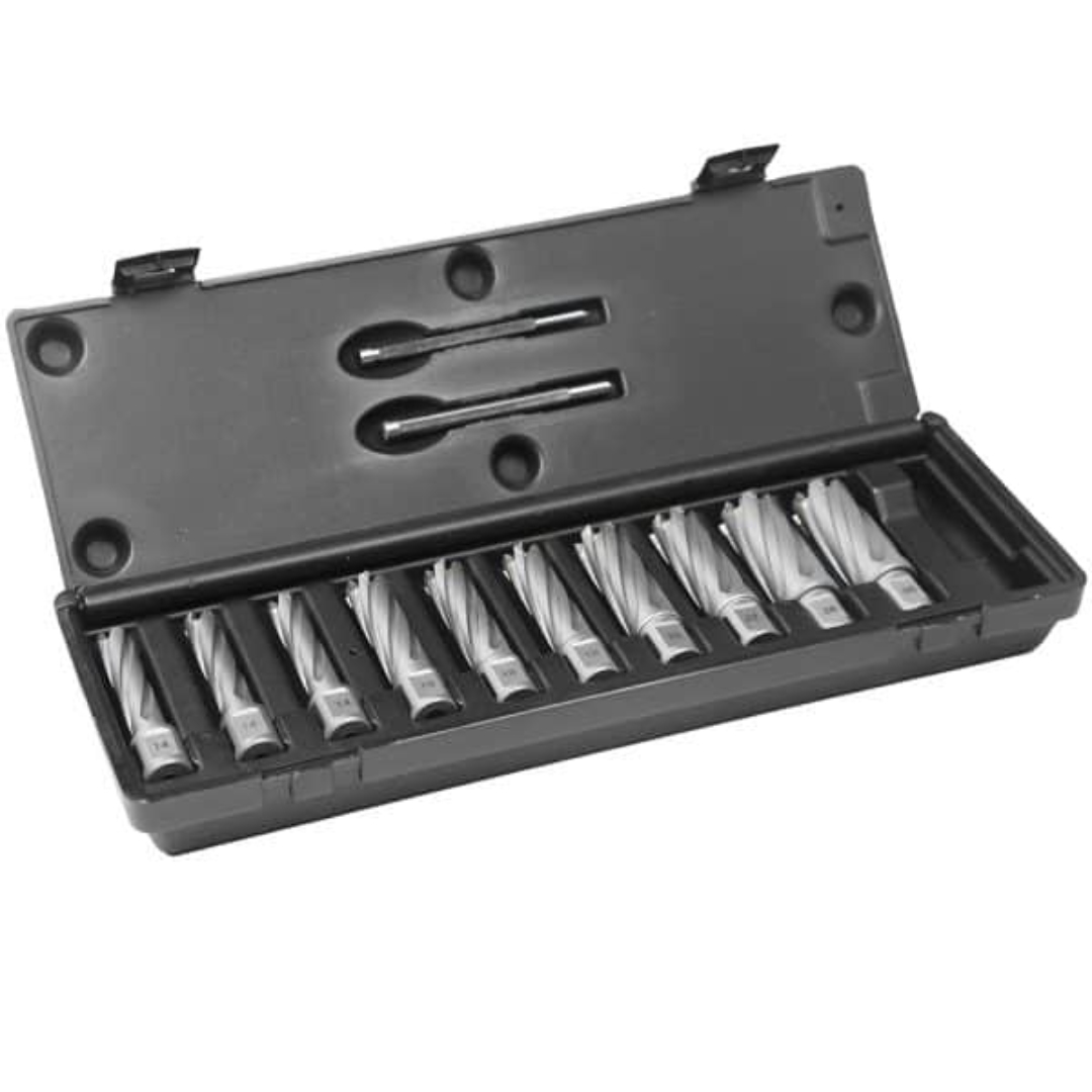 Euroboor TCT.KIT/10L-I1 TCT annular cutter set displayed in open protective case showing multiple carbide cutters for industrial drilling