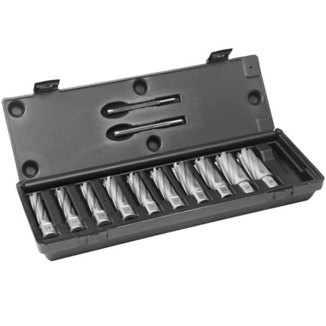 Euroboor TCT.KIT/10L-I1 carbide annular cutters arranged inside a molded plastic case for organized storage and transport