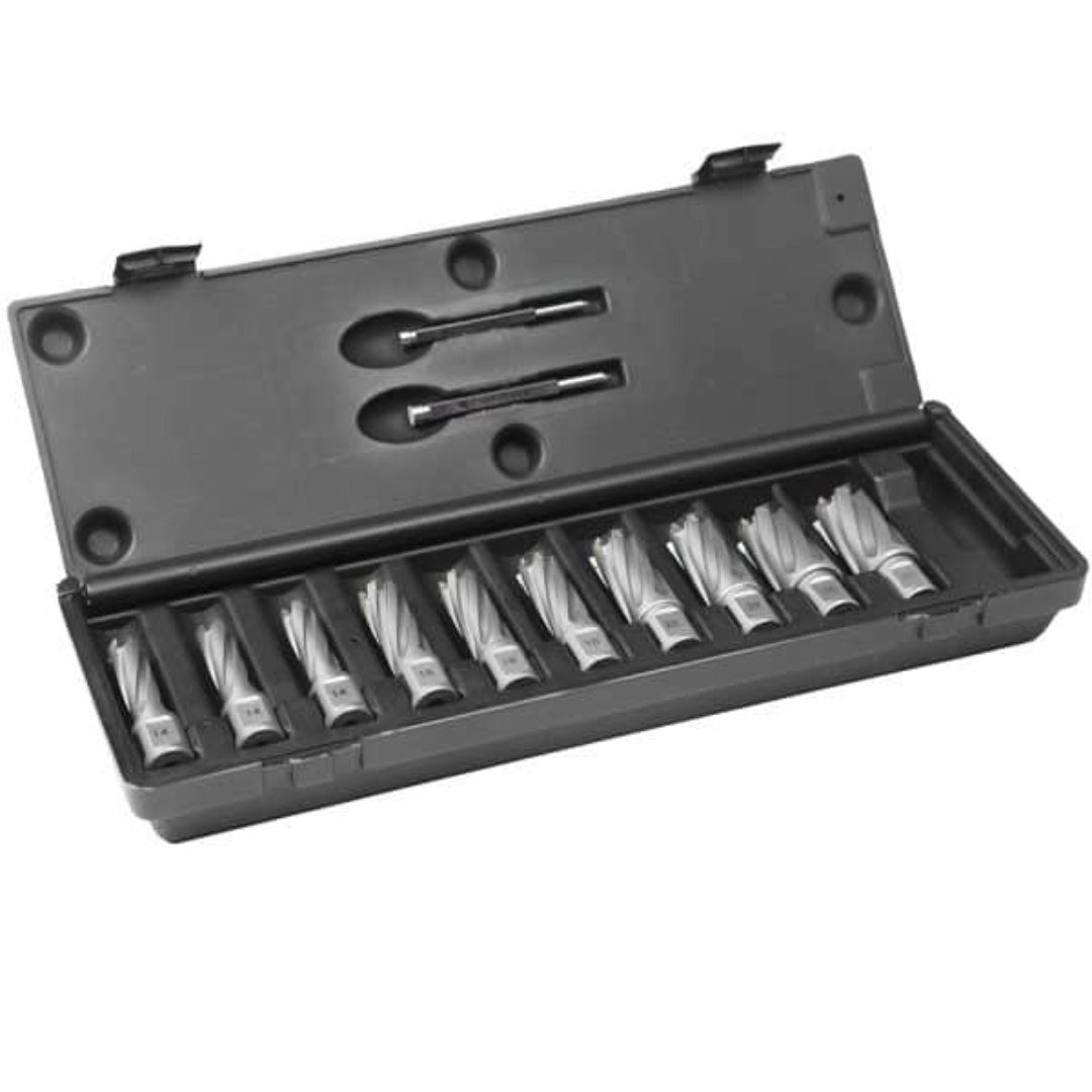 Euroboor TCT.KIT/10L-I1 cutter kit with tungsten carbide tipped annular cutters and pilot pins organized in a durable plastic storage case for metal drilling