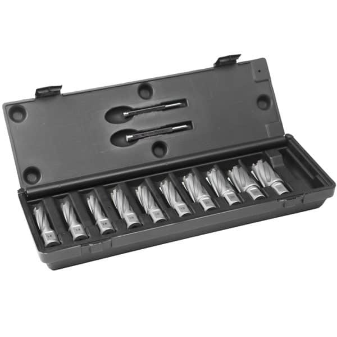Euroboor TCT.KIT/10L-I2 cutter kit with tungsten carbide tipped annular cutters and pilot pins organized in a durable plastic storage case for industrial metal drilling