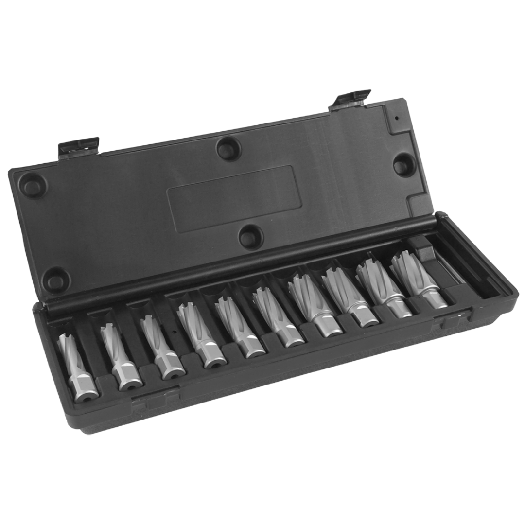 Euroboor TCT.KIT/10S-I2 cutter kit with tungsten carbide tipped annular cutters arranged in a durable plastic storage case for precision metal drilling