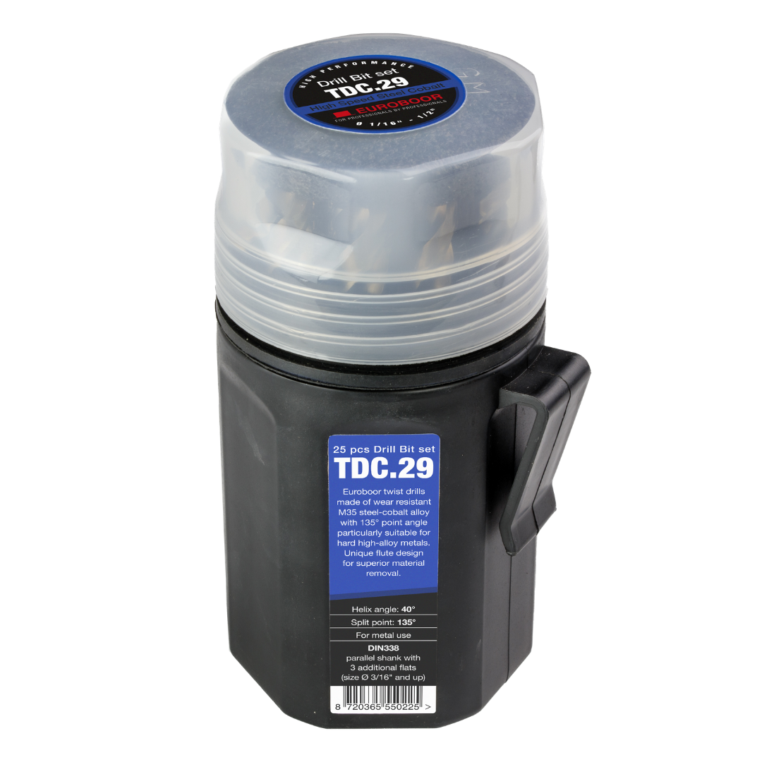 Euroboor TDC.29 Twist Drill storage container with organized HSS drill bits designed for industrial and workshop drilling applications