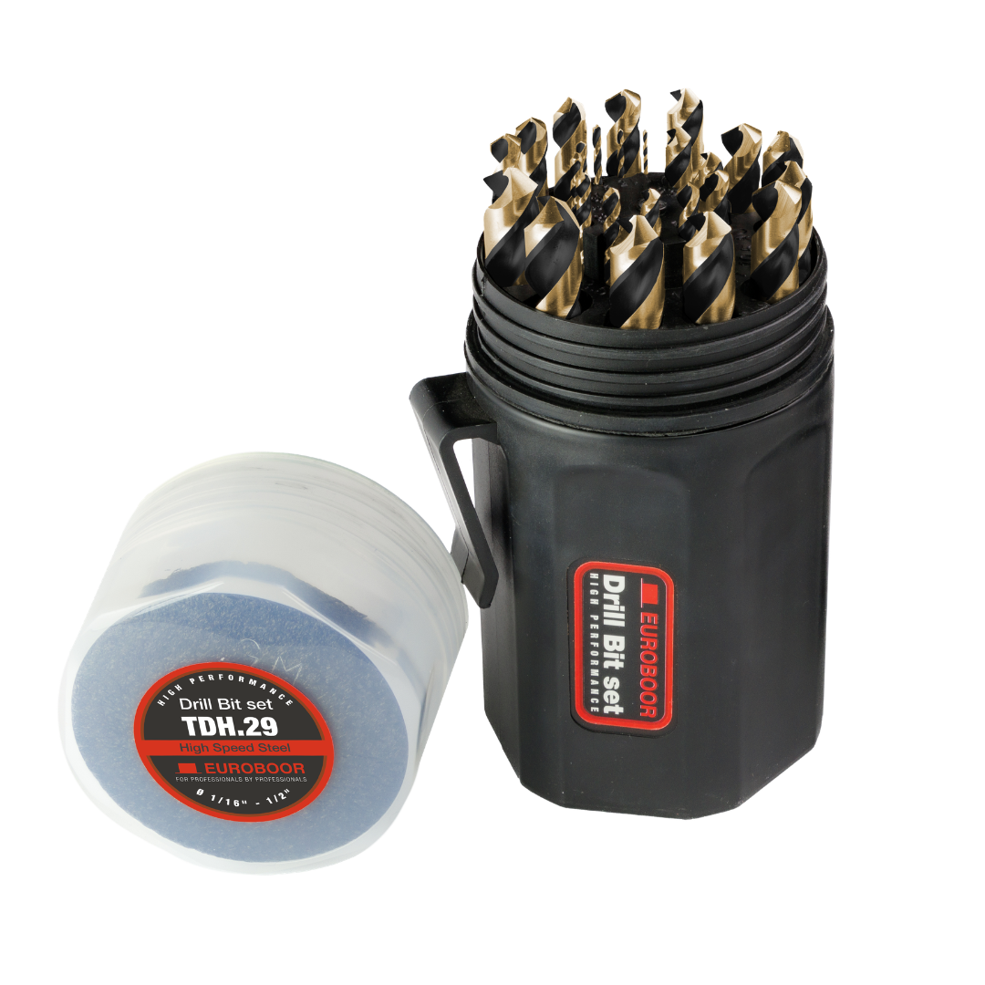 Euroboor TDH.29 Twist Drill set stored in a durable plastic container featuring multiple high-performance twist drill bits for precise metal drilling
