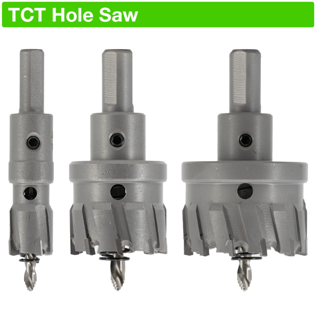 Euroboor THS Hole Saw set with interchangeable cutters and pilot drills displayed for metal drilling applications