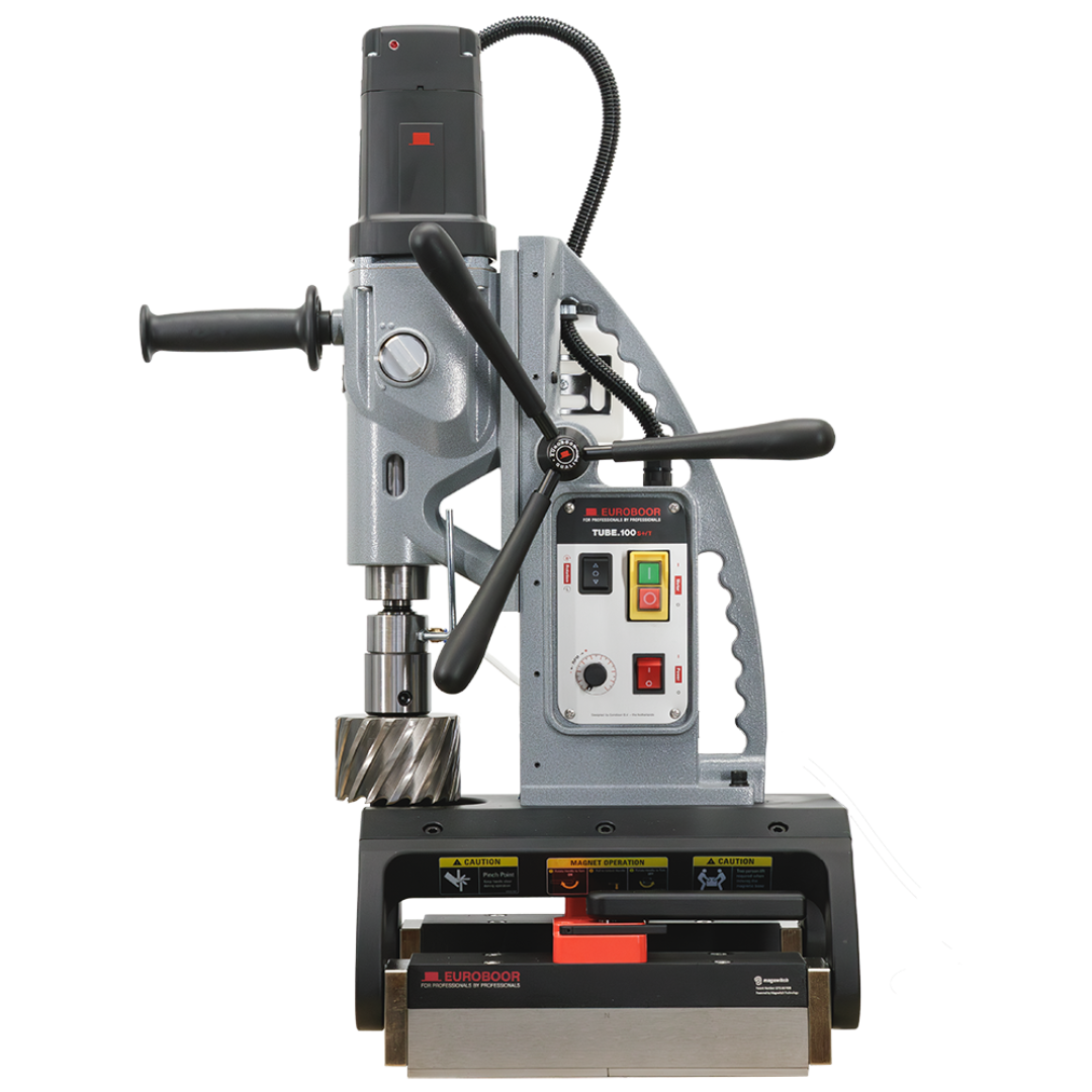 Euroboor TUBE.100S+/T Magnetic Drilling Machine angled front view showing feed handles, motor housing, and pipe drilling base