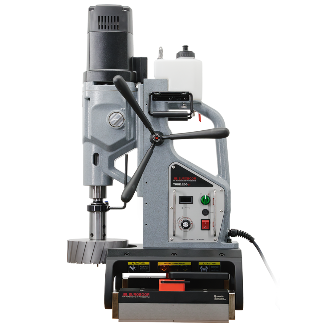 Euroboor TUBE.200S/T Magnetic Drilling Machine angled front view showing feed handles, motor housing, and pipe drilling base